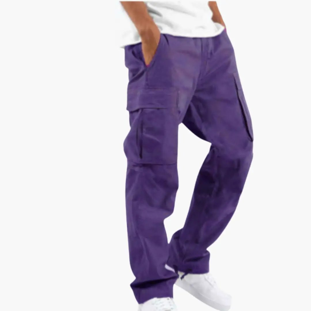 Men’s cargo pants with wide legs in purple, featuring multiple cargo pockets.