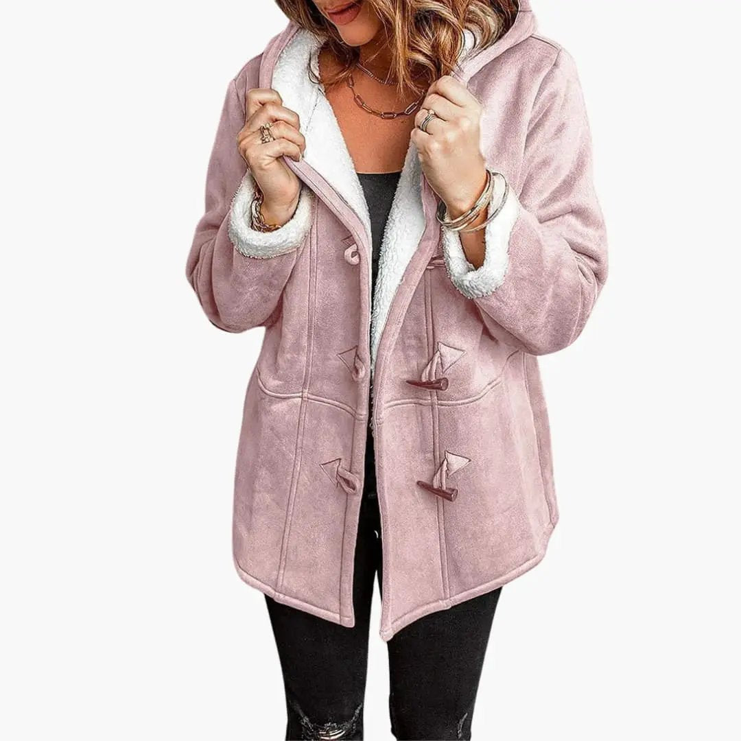 Women's jacket with hood and toggle closures in pink suede-like fabric with white shearling trim.