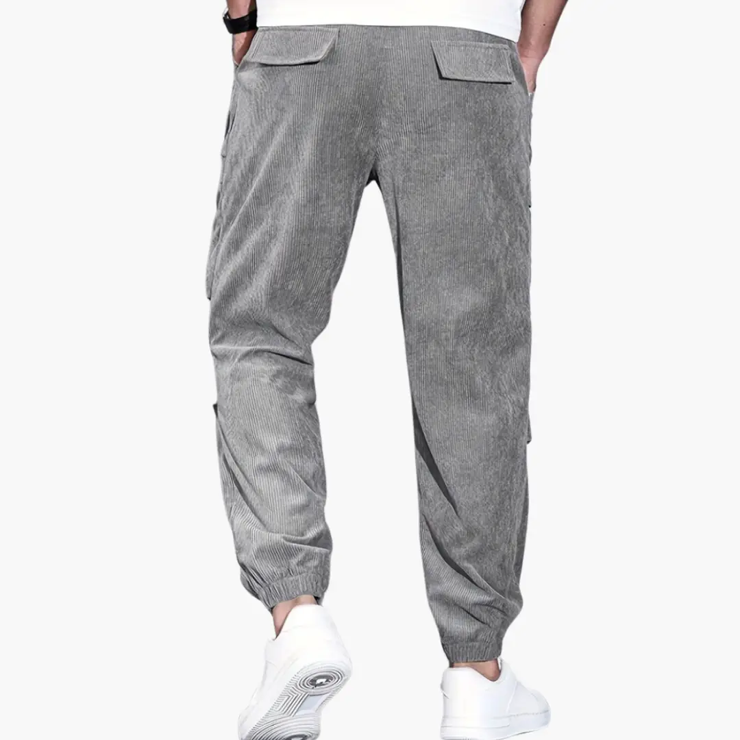 Men's gray corduroy trousers with waistband and side pockets