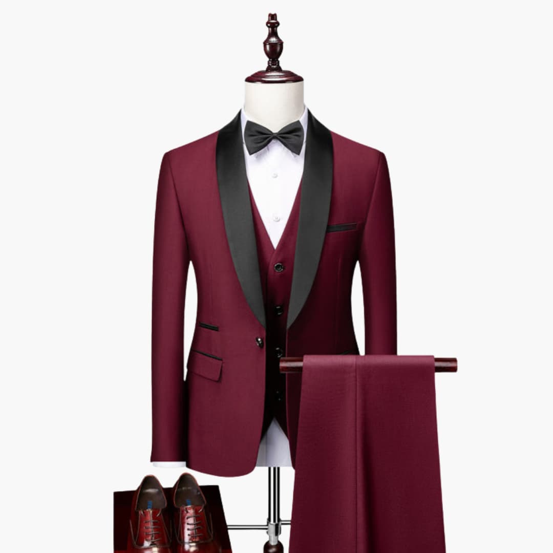 Men's three-piece burgundy suit set with black satin shawl collar by Wilfred Smith