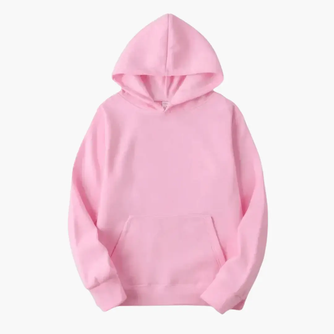 Women’s fitted hoodie in pink with adjustable hood, ribbed hem and front kangaroo pocket