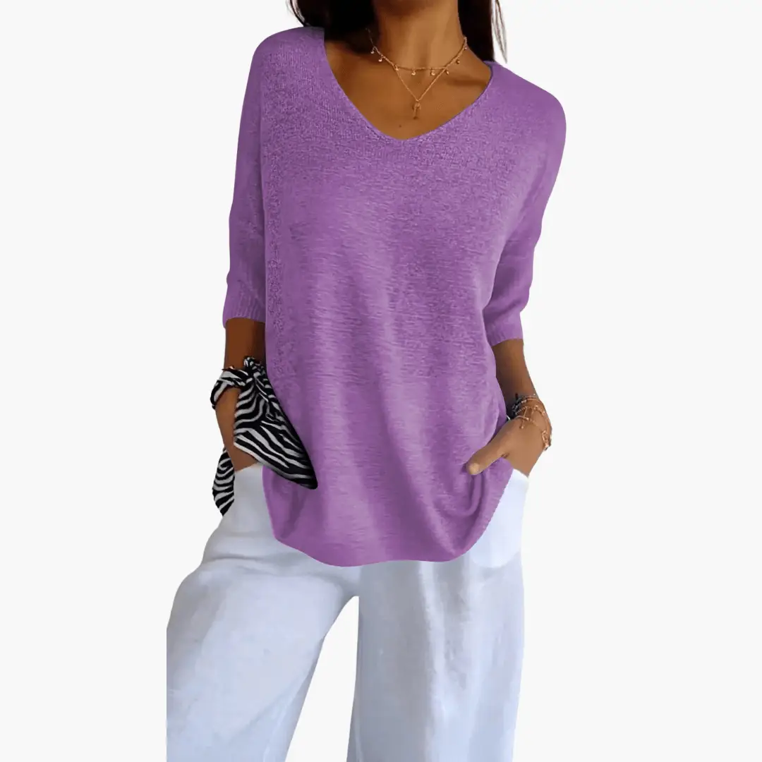Women's V-Neck Top, purple loose-fit knit for summer wear