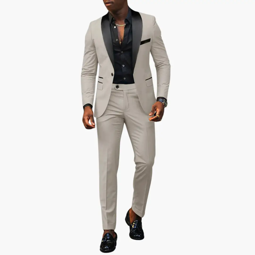 Elegant men's wedding suit beige two-piece with black satin lapels and black shirt