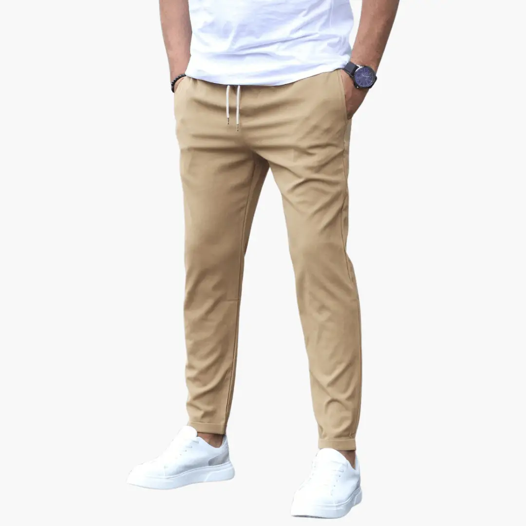 Men's stretch trousers with slim legs and waistband in tan khaki