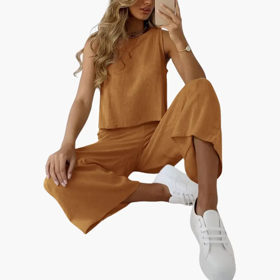 Two-Piece Set for Women in tan with wide-leg pants for casual summer style