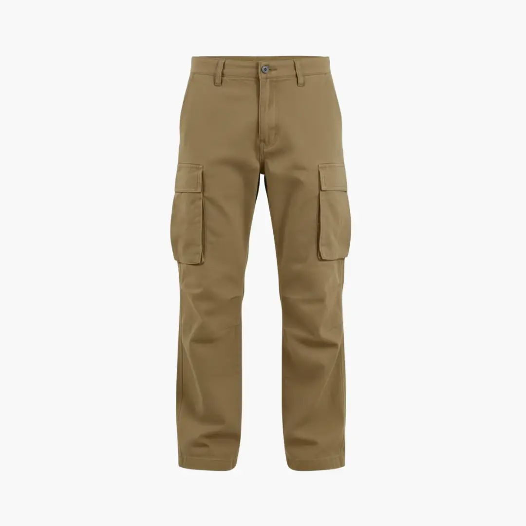 Men’s Cargo Pants by Wilfred Smith, tan wide-leg cargo pants with large side pockets