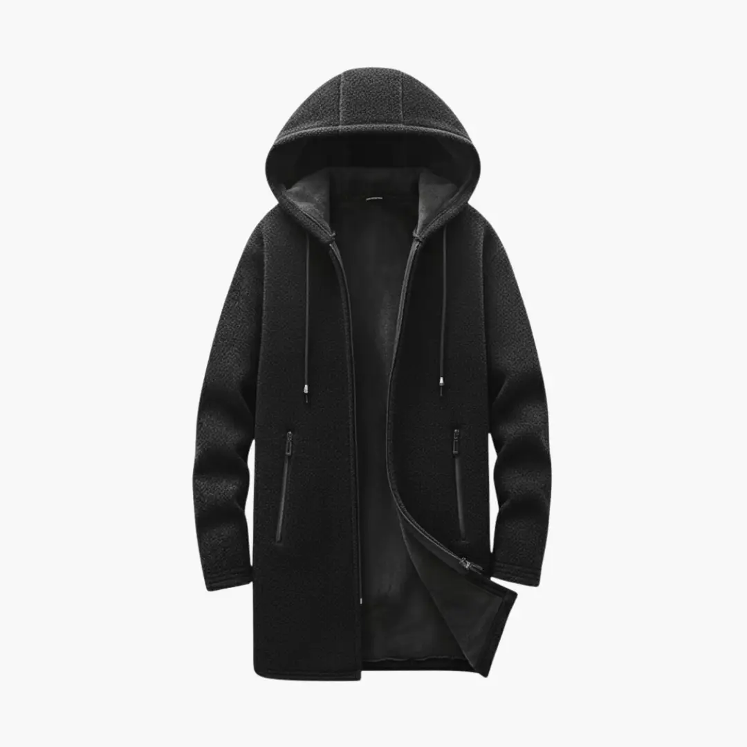 Men's black hooded jacket with plush lining and front zip pockets.