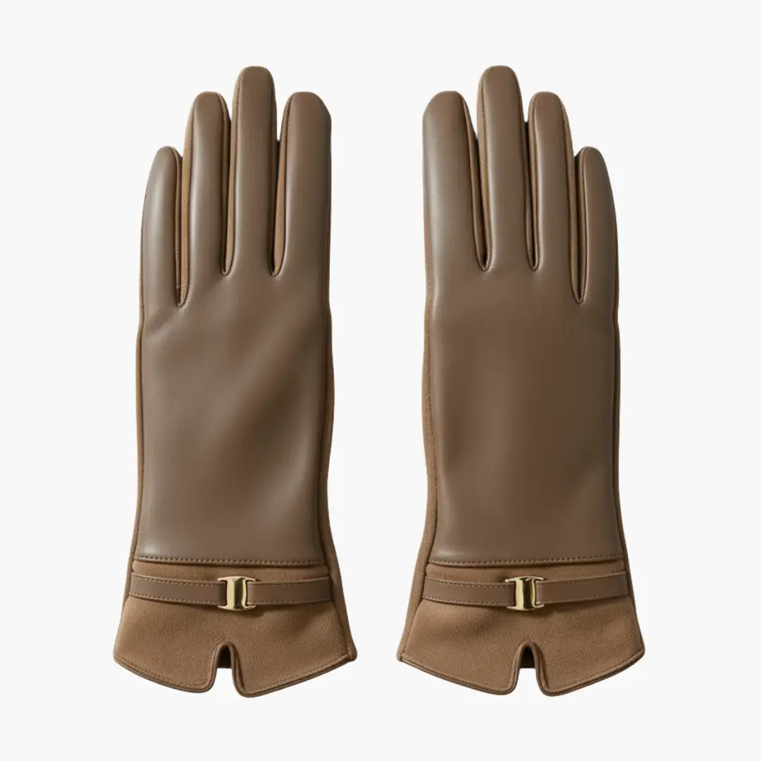 Women’s leather full-finger gloves in brown with lined interior and decorative gold buckle strap, pair