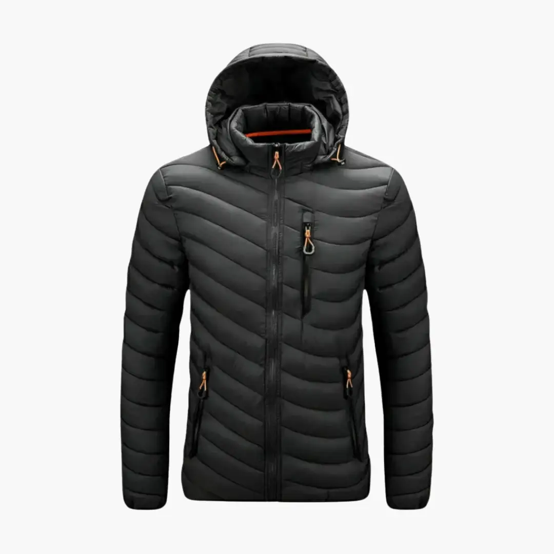 Men’s Wilfred Smith black hooded puffer jacket with zip front and side zip pockets
