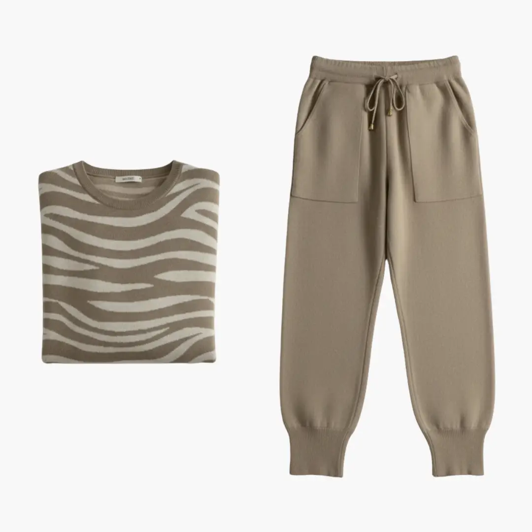 Women’s two-piece knit lounge set by Wilfred Smith: beige striped sweater and tan jogger pants