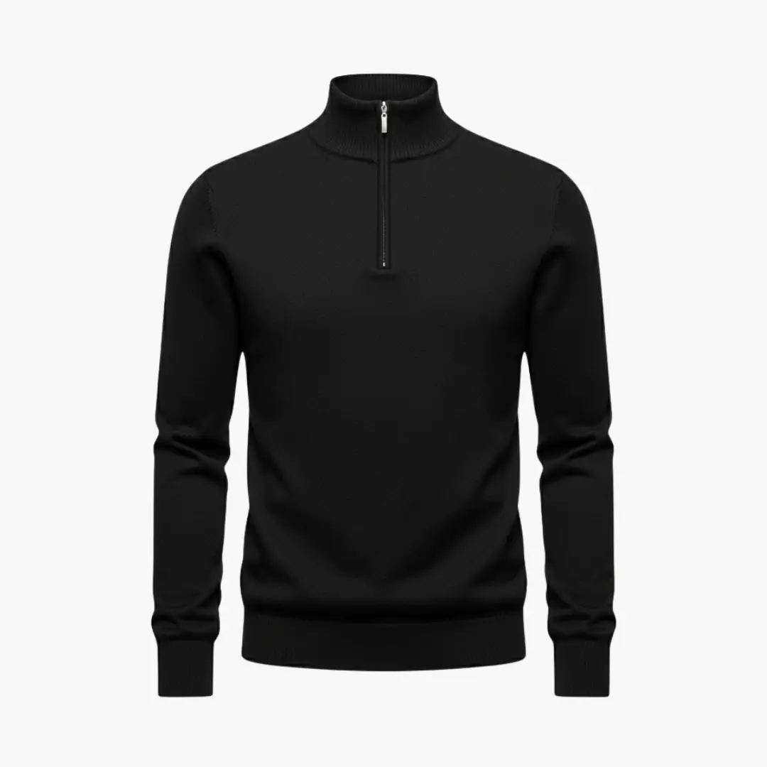 Men’s Zip Jumper with Stand Collar in black; ribbed hem