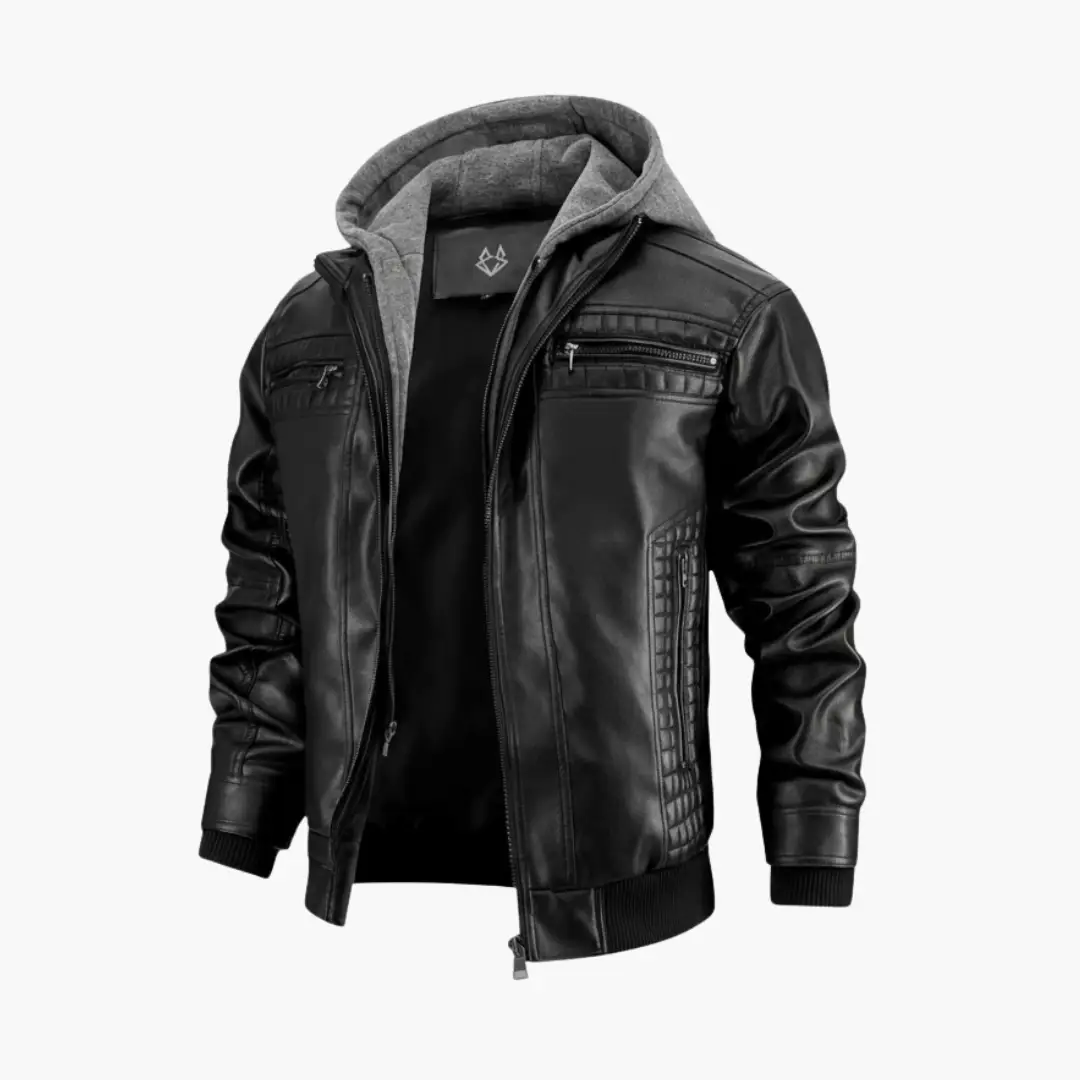 Men’s hooded jacket with zip closure, black leather outer with gray hood and ribbed cuffs, Wilfred Smith