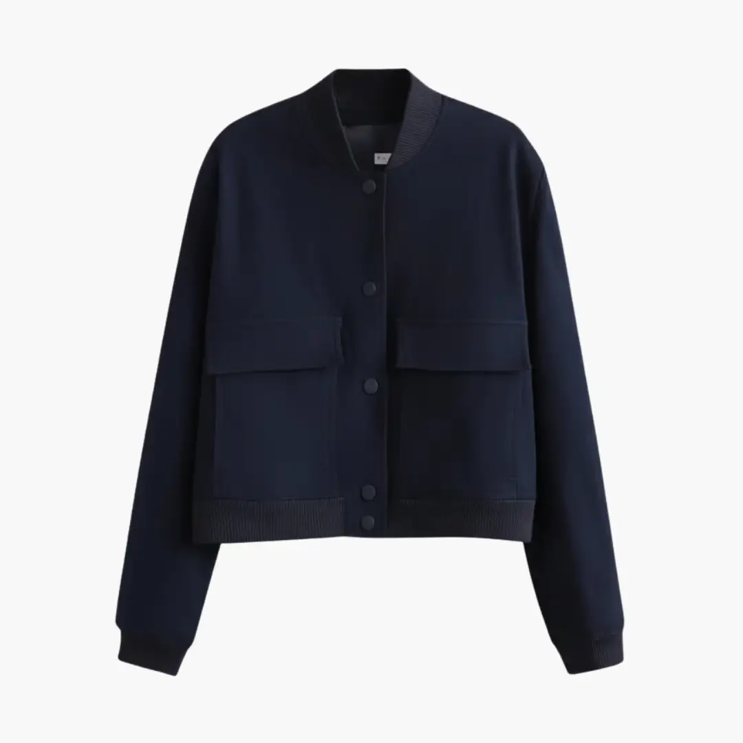 Women's cropped bomber jacket by Wilfred Smith in navy with button closure and ribbed hem