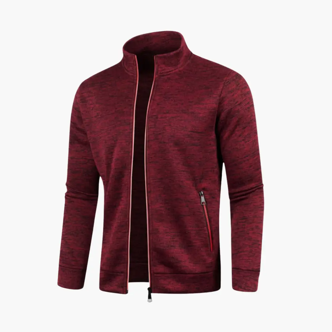 Men’s jacket with zip closure and stand collar in red heather knit; track jacket