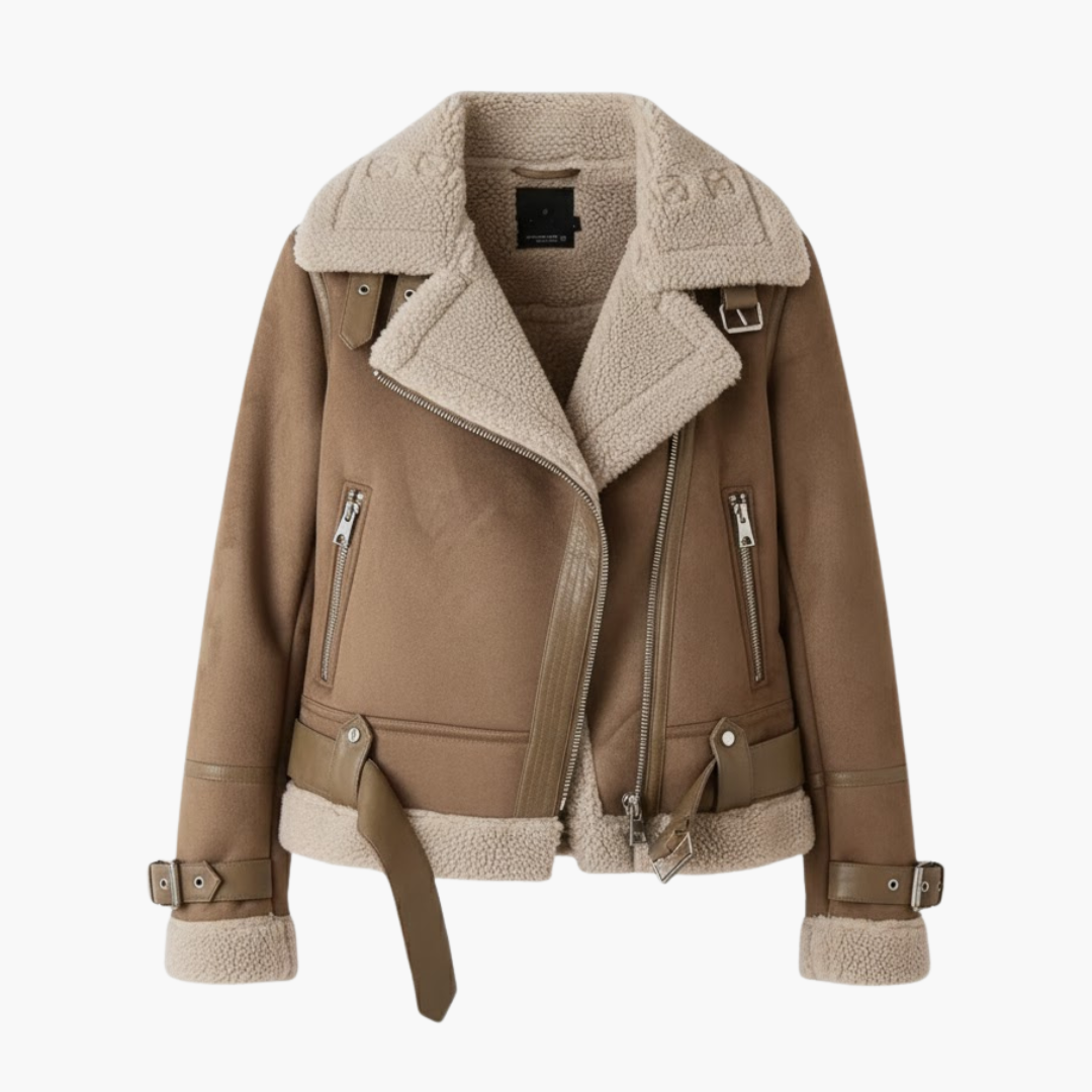 Women's zip jacket with plush shearling lining; tan brown, biker-style with zip pockets and adjustable belt hem.