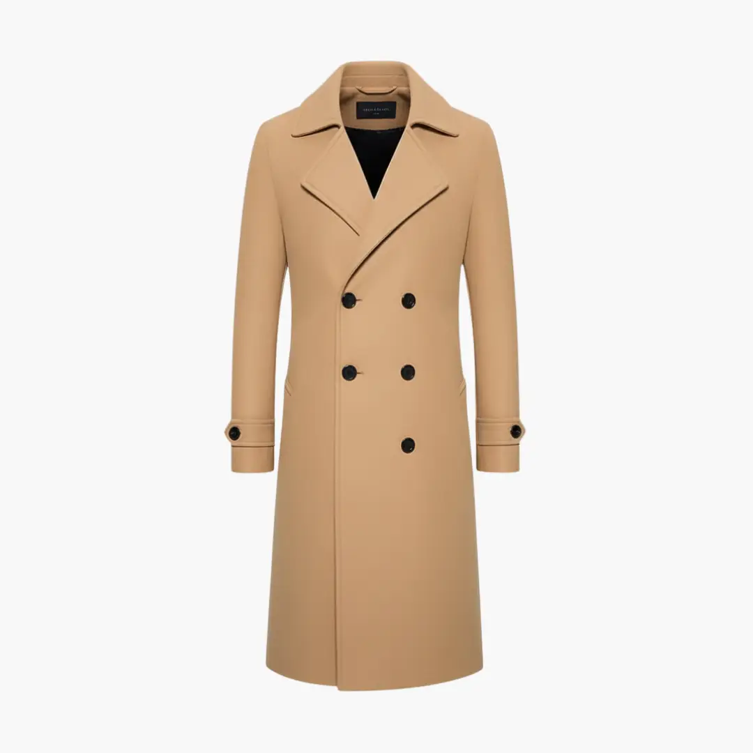 Men’s Trench Coat, camel beige, double-breasted, long fit by Wilfred Smith