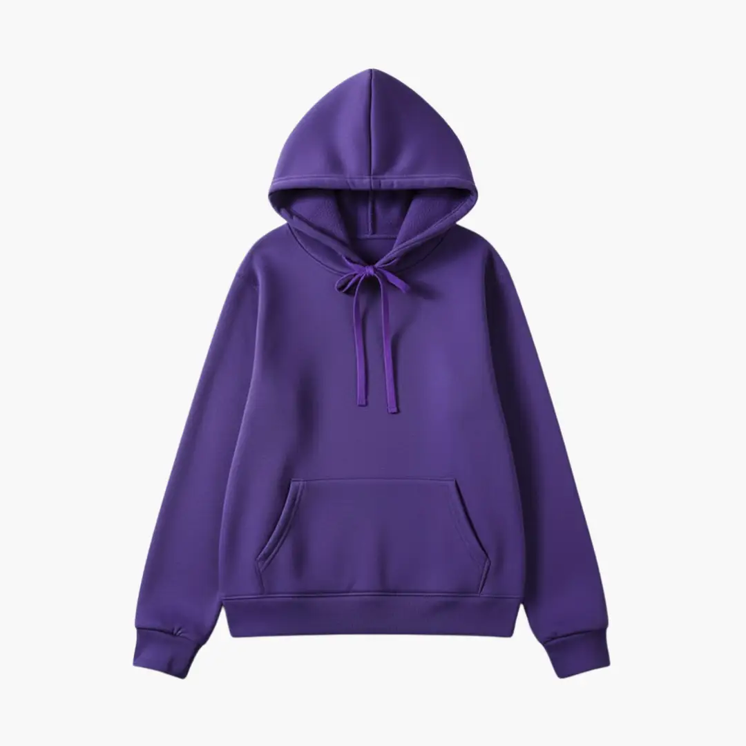 Women’s Fitted Hoodie with Adjustable Hood in purple, front pocket, ribbed cuffs and hem