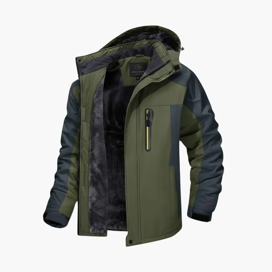 Men’s Outdoor Jacket with Hood and Zipper, olive green with navy sleeves, fleece lining, yellow chest zip pocket.