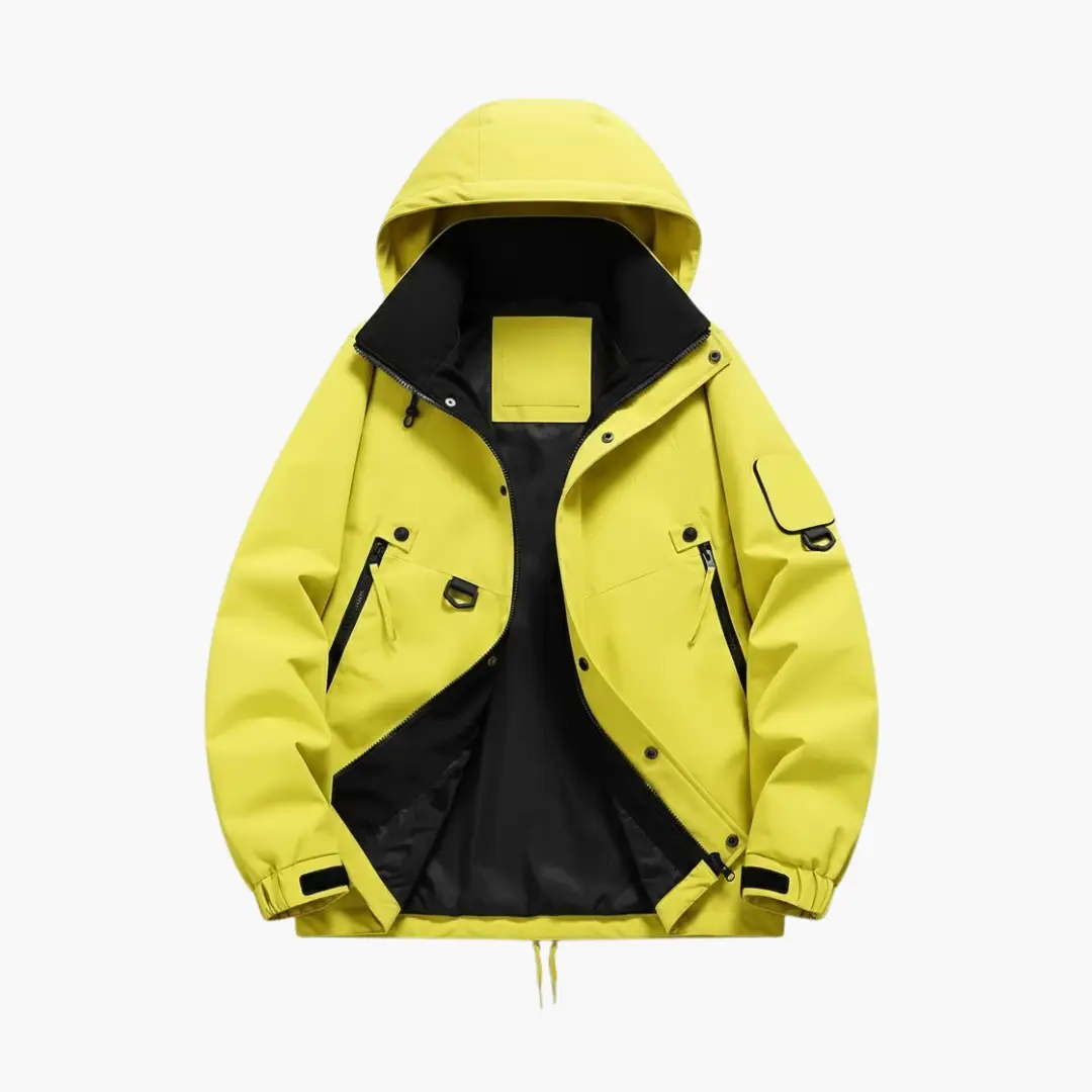 Unisex hooded parka jacket in bright yellow with black interior and front zip pockets