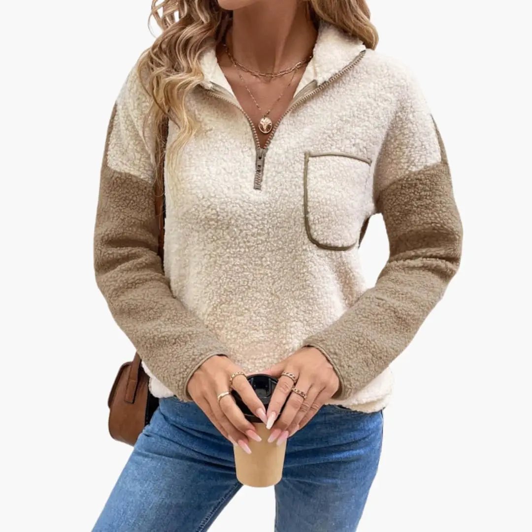 Women's fleece pullover with pocket in cream and tan sherpa fleece, zip neck