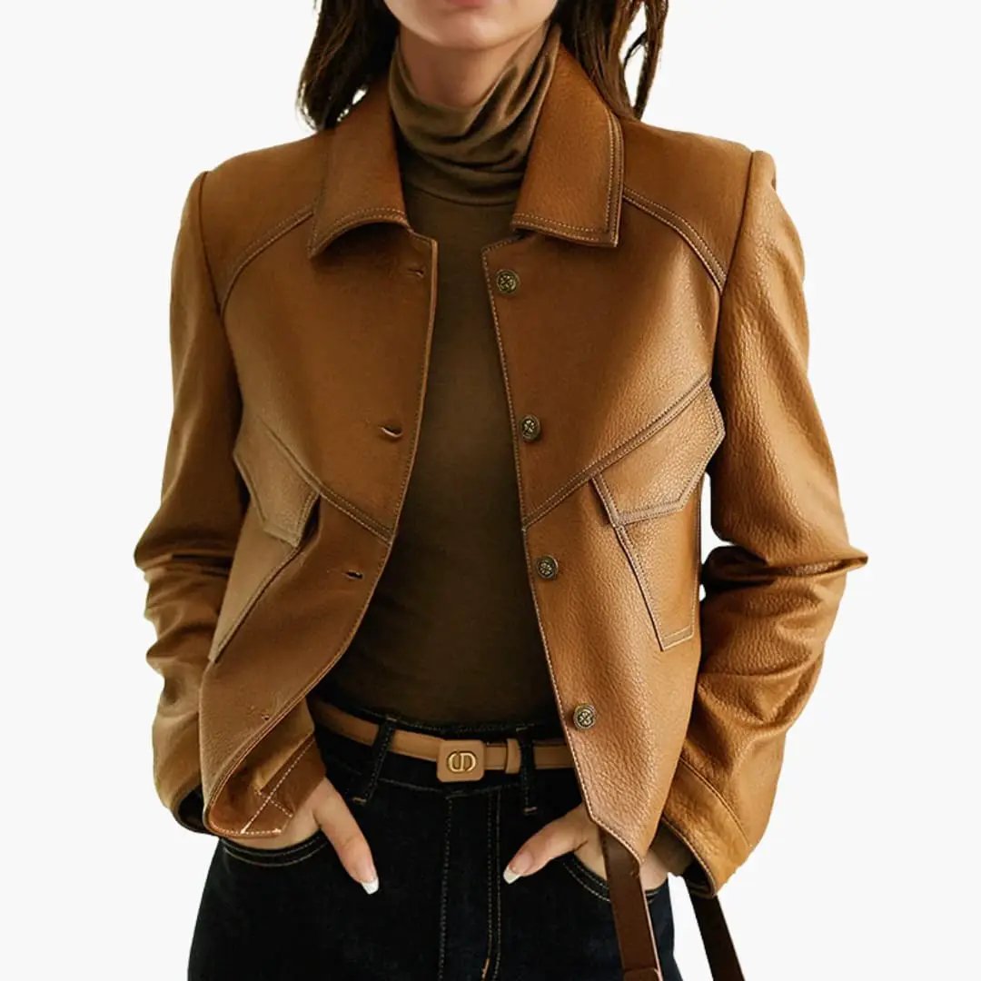 Women's brown jacket with long sleeves by Wilfred Smith, front button closure and patch pockets
