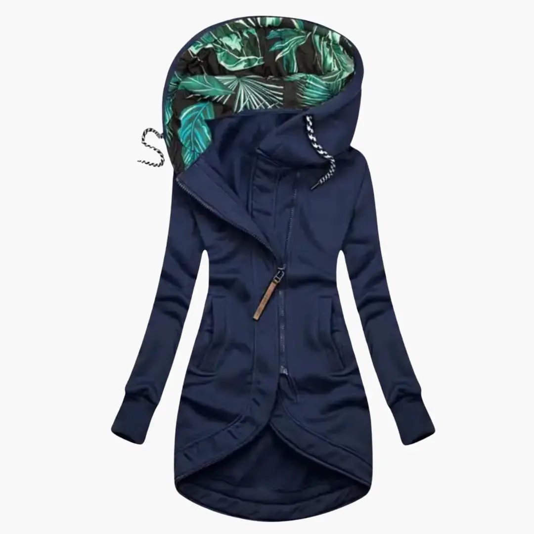 Women's navy hooded jacket with asymmetrical zipper, front pockets, tropical-lined hood by Wilfred Smith