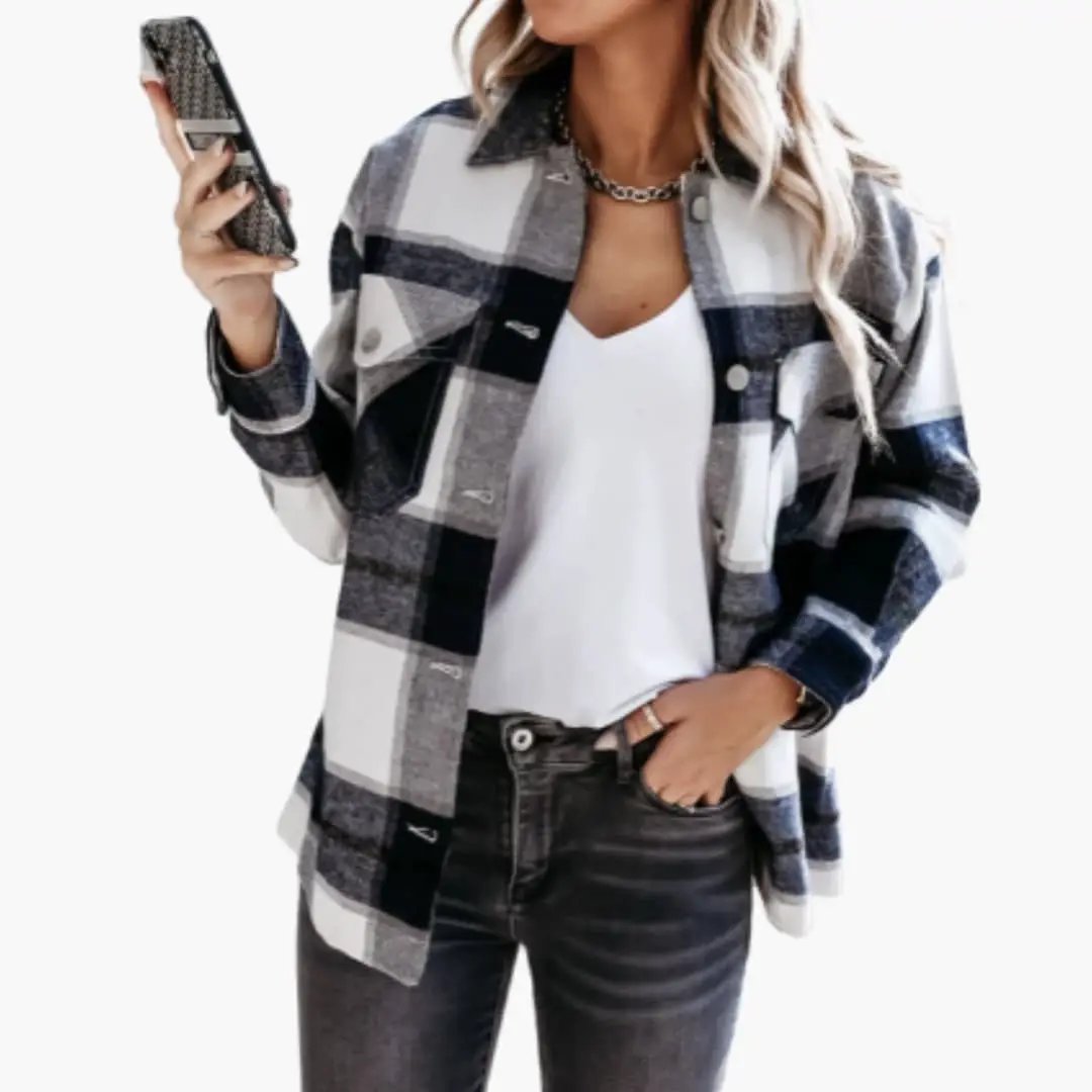 Women's Check Shirt Jacket with Collar in black and white plaid, open over a white tee with dark jeans
