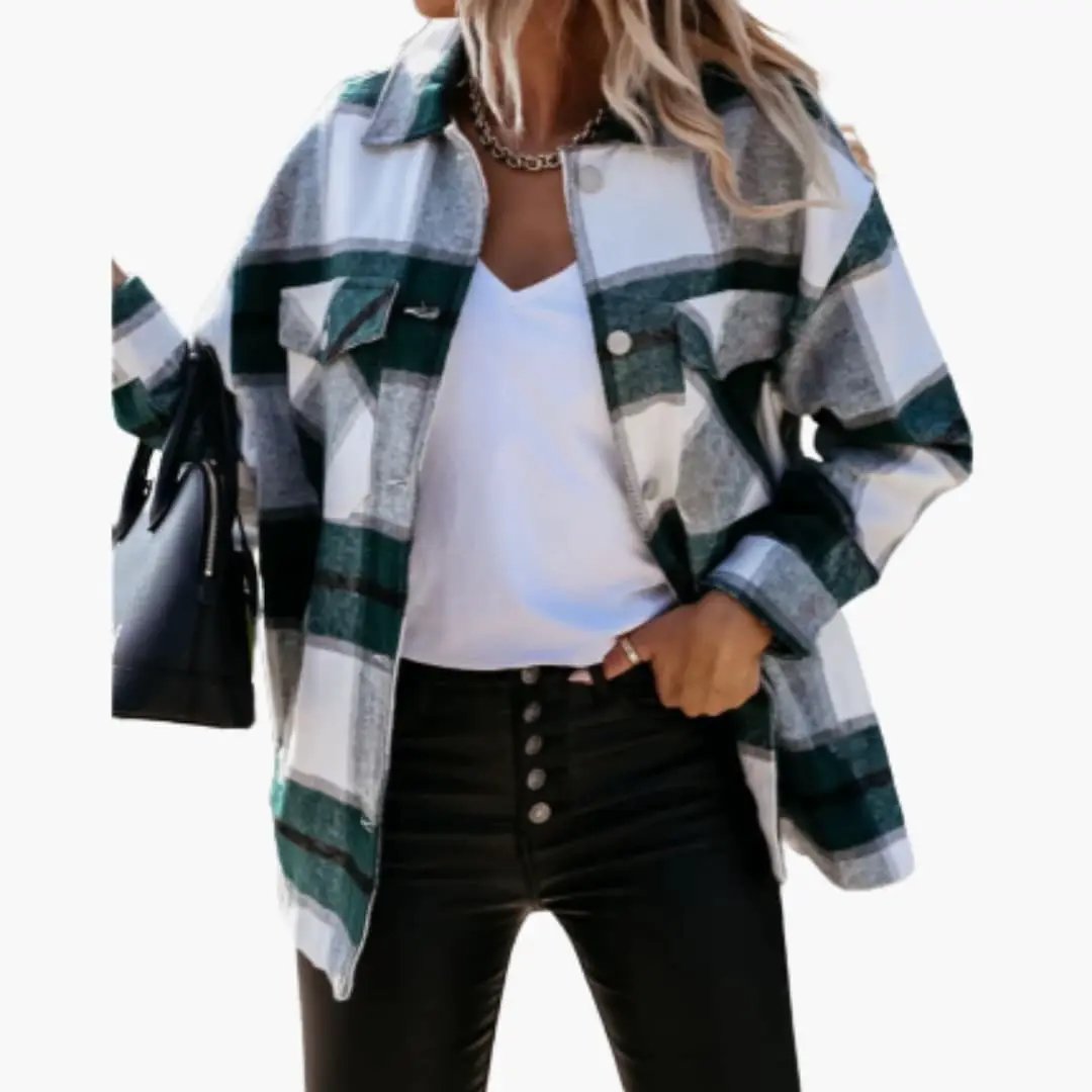 Women's check shirt jacket with collar in green, white and charcoal plaid, worn over a white tee with black jeans