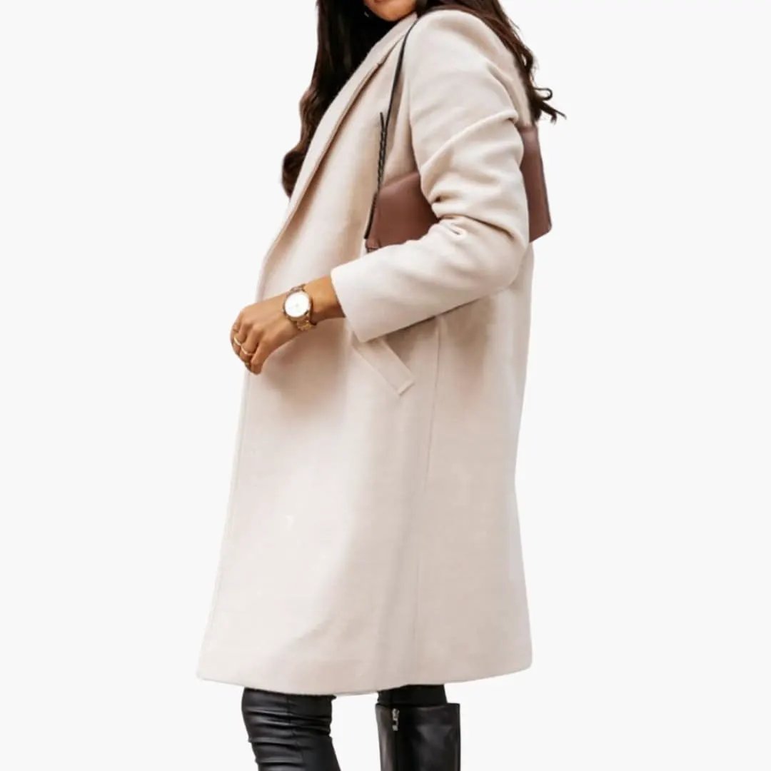 Women's long beige coat with collar, classic overcoat silhouette