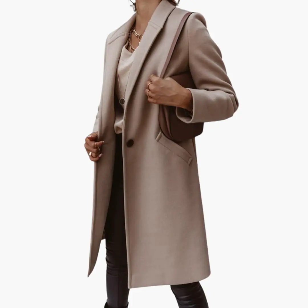Women's long beige coat with collar and button-front by Wilfred Smith