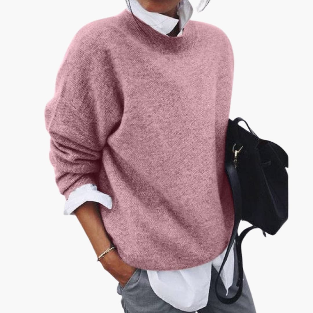 Women's pink fuzzy knit pullover sweater, round neck, long sleeves, Wilfred Smith