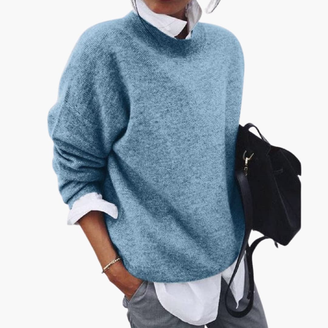 Women's blue round-neck knit sweater with long sleeves