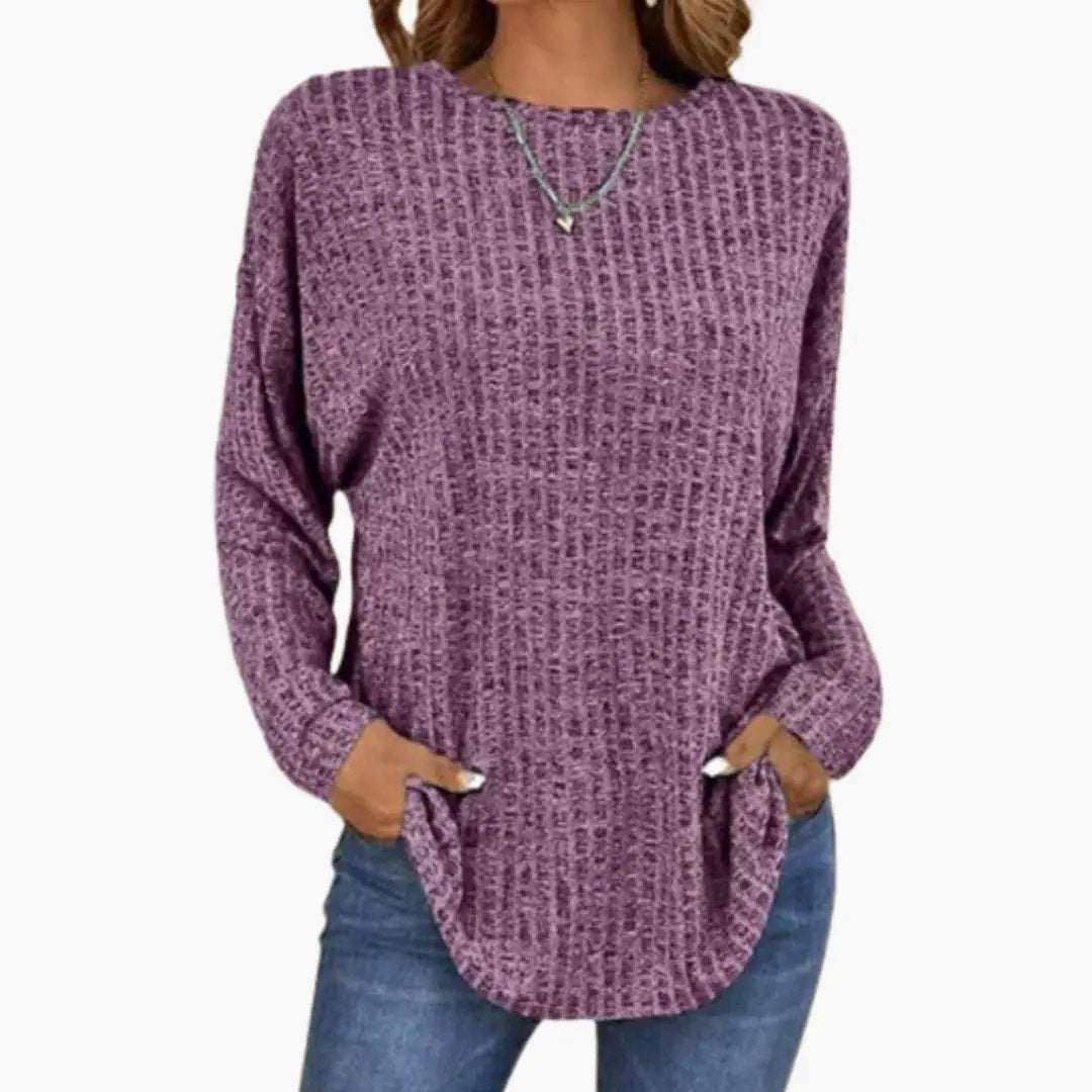 Women's purple knit sweater with round neckline, ribbed hem, and long sleeves