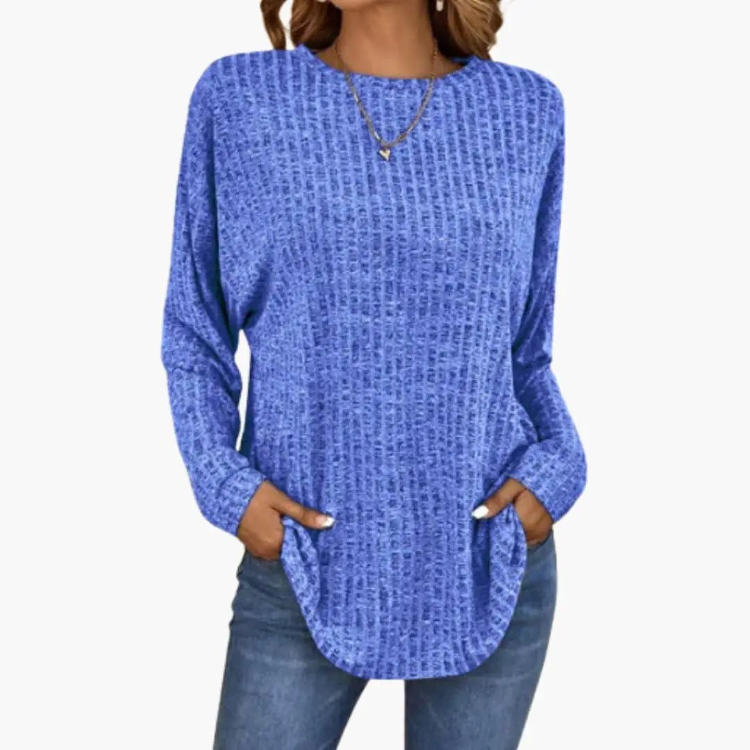 Women’s blue knit sweater with round neckline, ribbed hem, and long sleeves