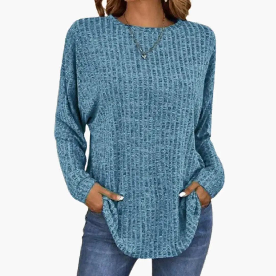Women's blue knit pullover with round neckline and ribbed hem by Wilfred Smith