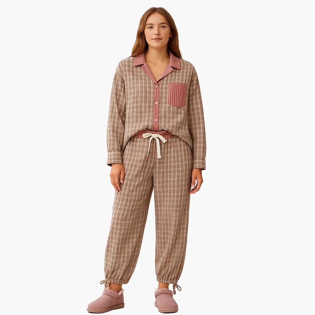 Women's two-piece pajama set by Wilfred Smith; beige plaid with pink striped shirt and drawstring pants