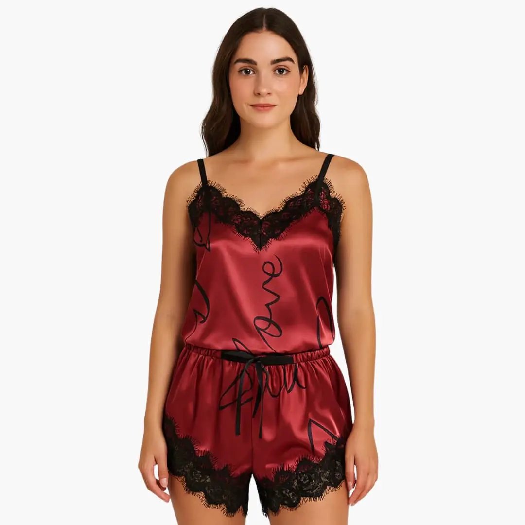 Wilfred Smith women's satin pajama set with spaghetti-top and printed red shorts with black lace trim