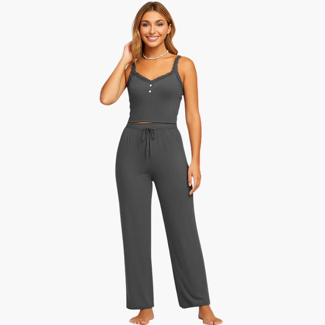 Women's Pajama Set with Lace Trim and Drawstring Pants in gray by Wilfred Smith, a comfortable two-piece sleepwear.
