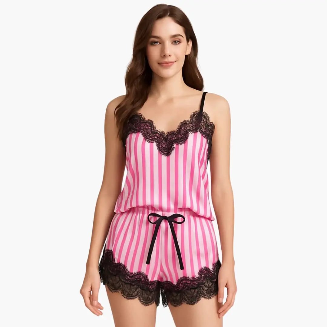 Women's Wilfred Smith pajama set with pink and white striped V-neck lace-trim top and striped shorts with black lace hem and drawstring.