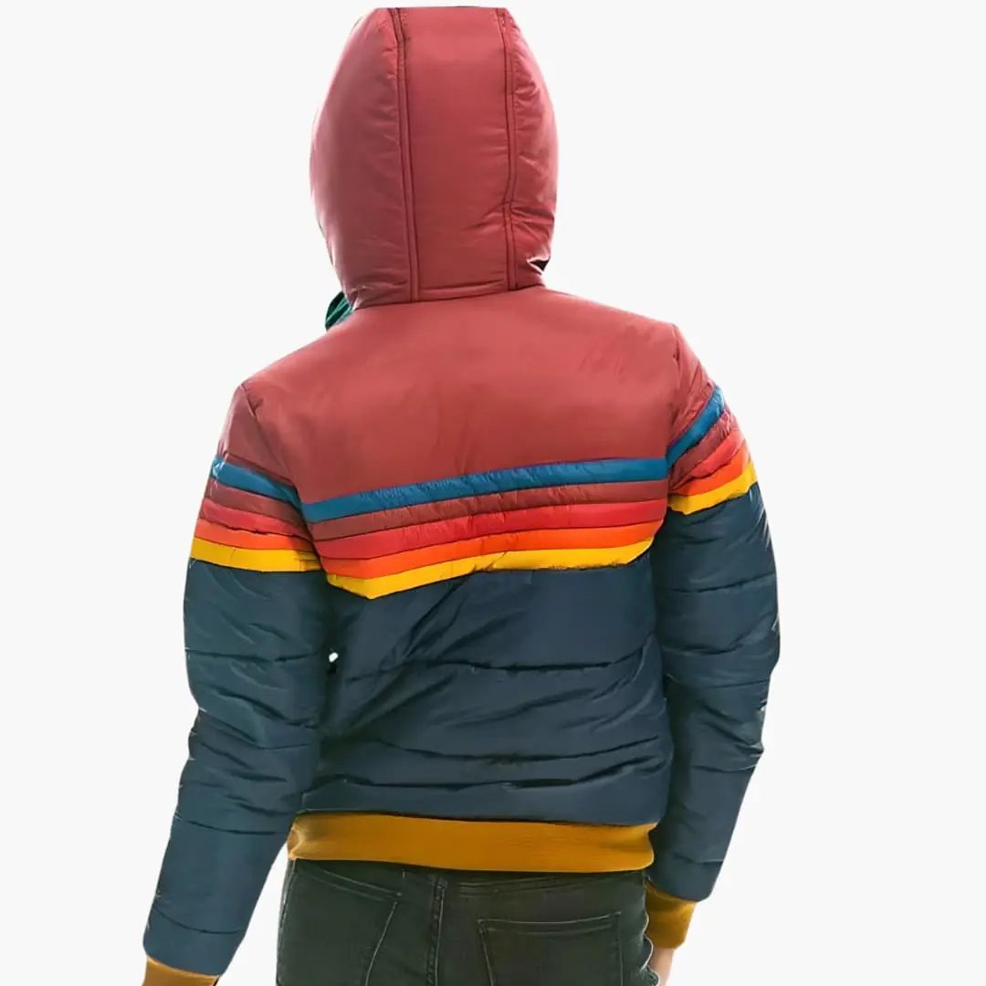 Women's padded jacket with hood by Wilfred Smith; multicolor puffer with blue stripe