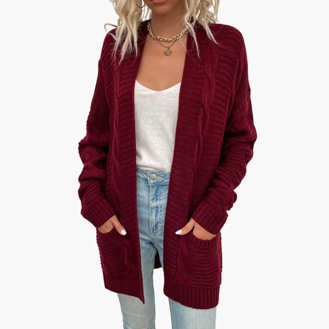 Women’s open-front cardigan in burgundy knit with long sleeves and front pockets