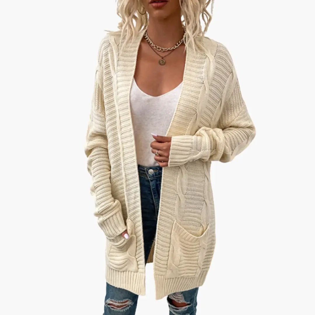 Women's open-front cardigan in cream knit with long sleeves and front pockets