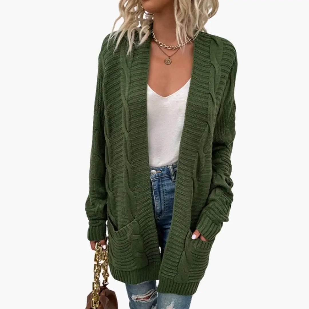 Women’s Open Front Cardigan with Long Sleeves by Wilfred Smith in green knit with pockets