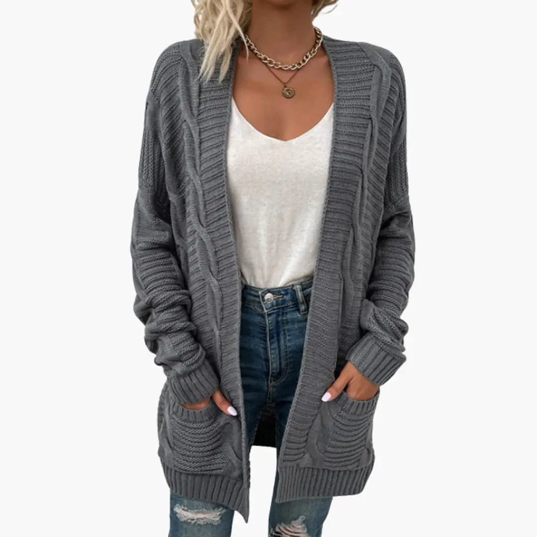 Women’s open-front gray cable-knit cardigan with long sleeves and front pockets
