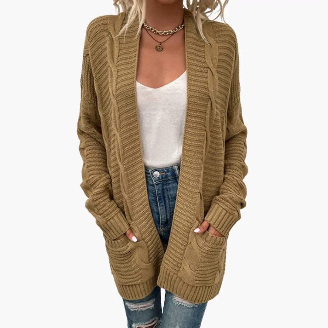 Women’s Open Front Cardigan with Long Sleeves in camel knit by Wilfred Smith with pockets