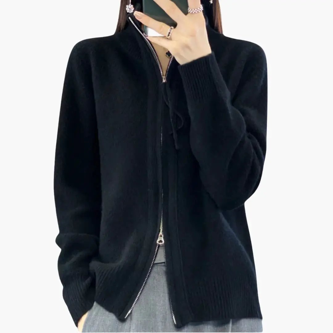 Women’s Cardigan by Wilfred Smith with zipper in black knit, high collar