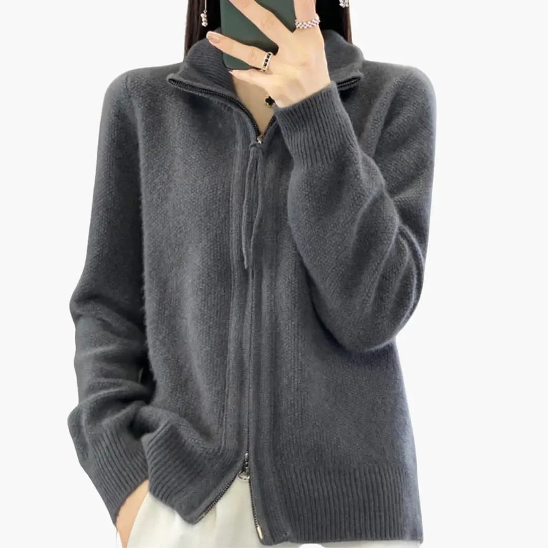 Women's Cardigan with Zipper in dark gray knit, high collar, Wilfred Smith