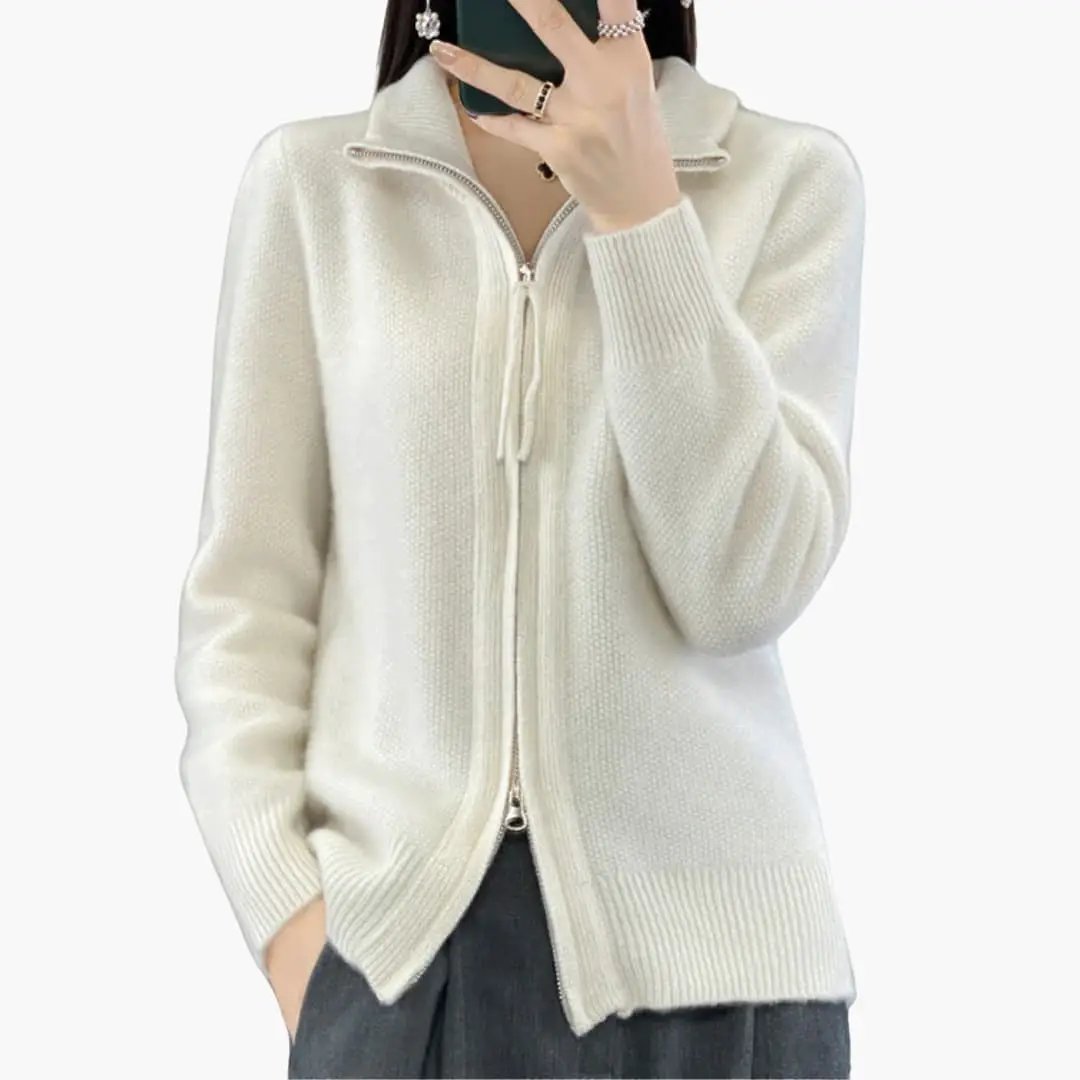 Women’s Cardigan with Zipper by Wilfred Smith, ivory knit with high collar and zip front