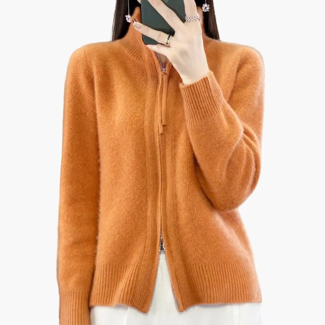 Women’s Cardigan with Zipper, high-collar, orange fluffy knit by Wilfred Smith