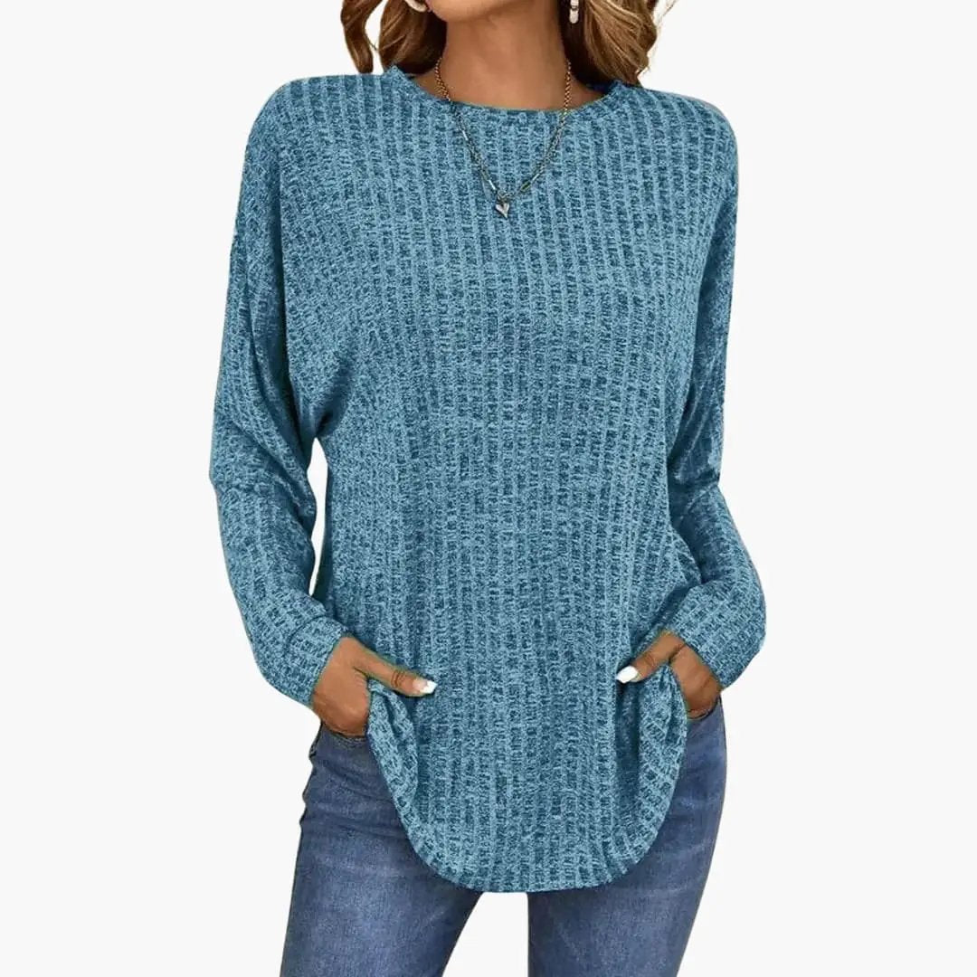 Women's knit sweater with ribbed texture in blue, round neckline, long sleeves.